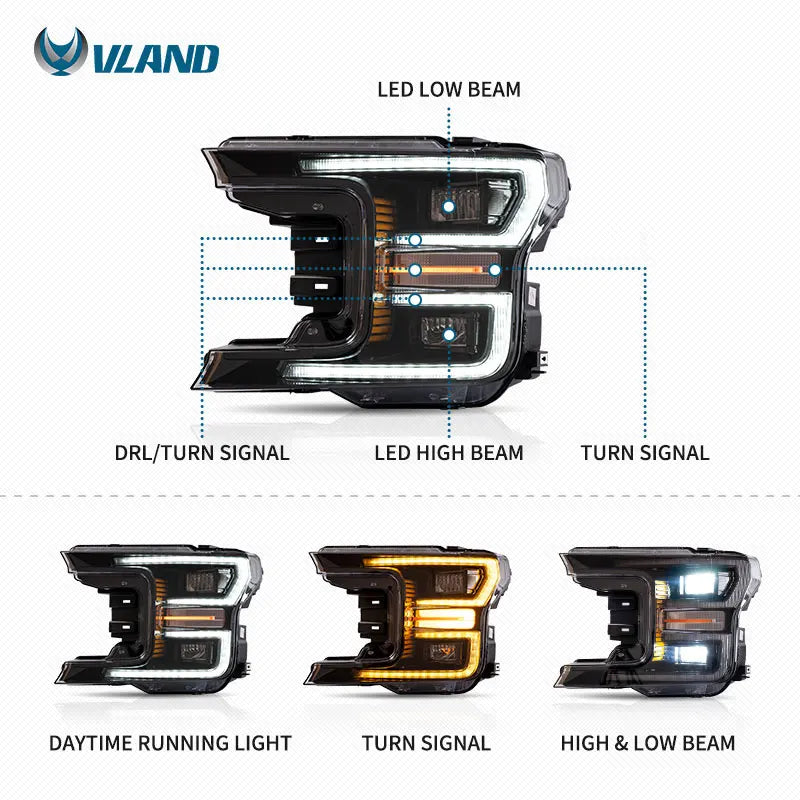 Ford F150 2017-2020 Full LED Headlights Black Chrome VLAND
