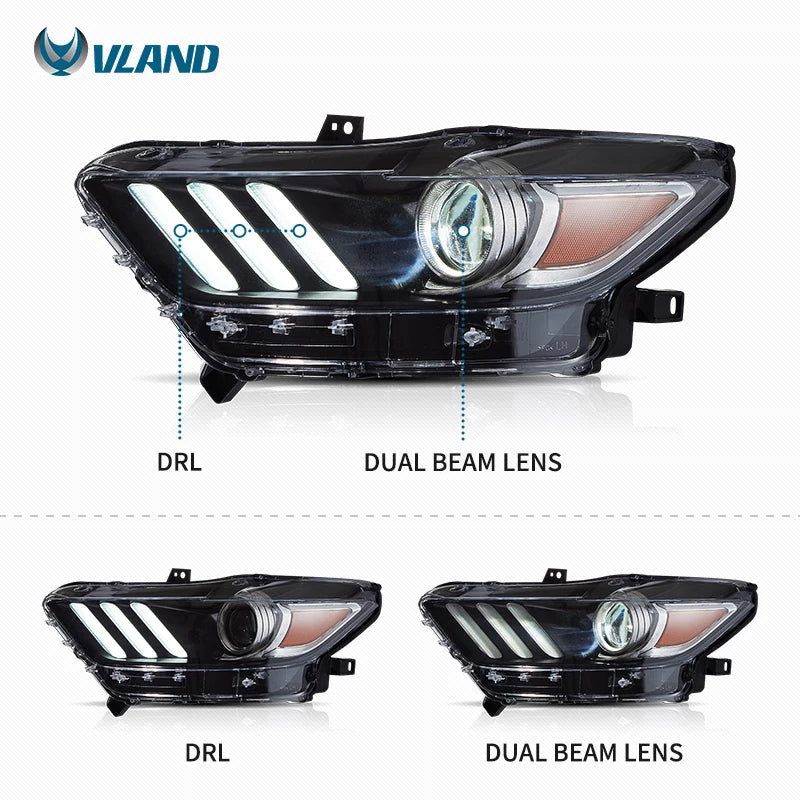 Ford Mustang VI S550 2015-2017 Headlights LED DRL Projector Lens VLAND