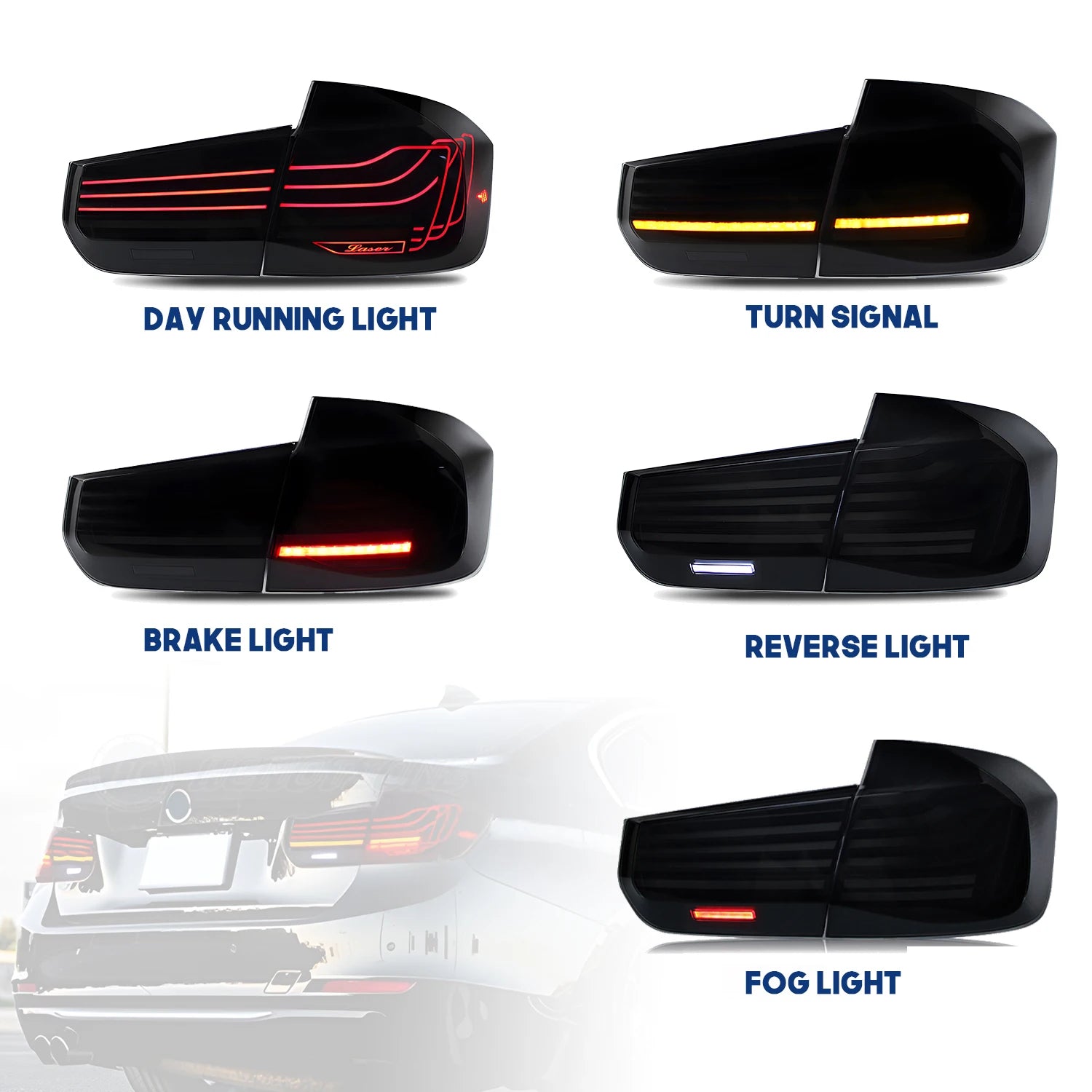 BMW 3 Series 2012-2018 F30 F80 LED Tail Lights Laser Style Smoked HCMOTIONZ