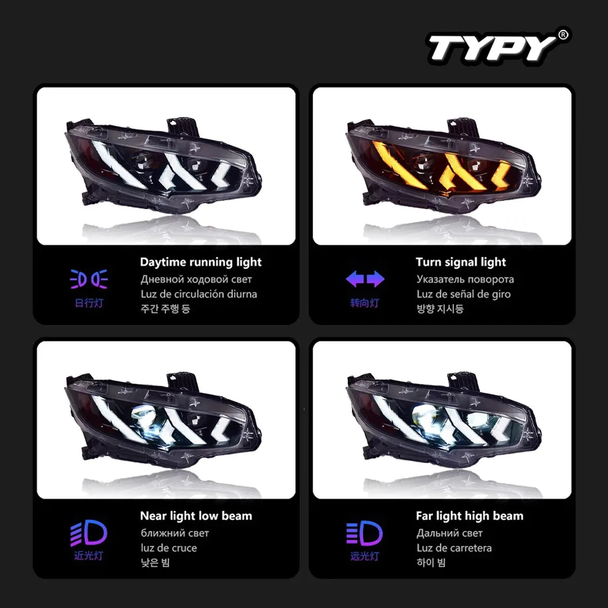 Honda Civic 2016-2021 Full LED Headlights Sequential Turn Signal TYPY