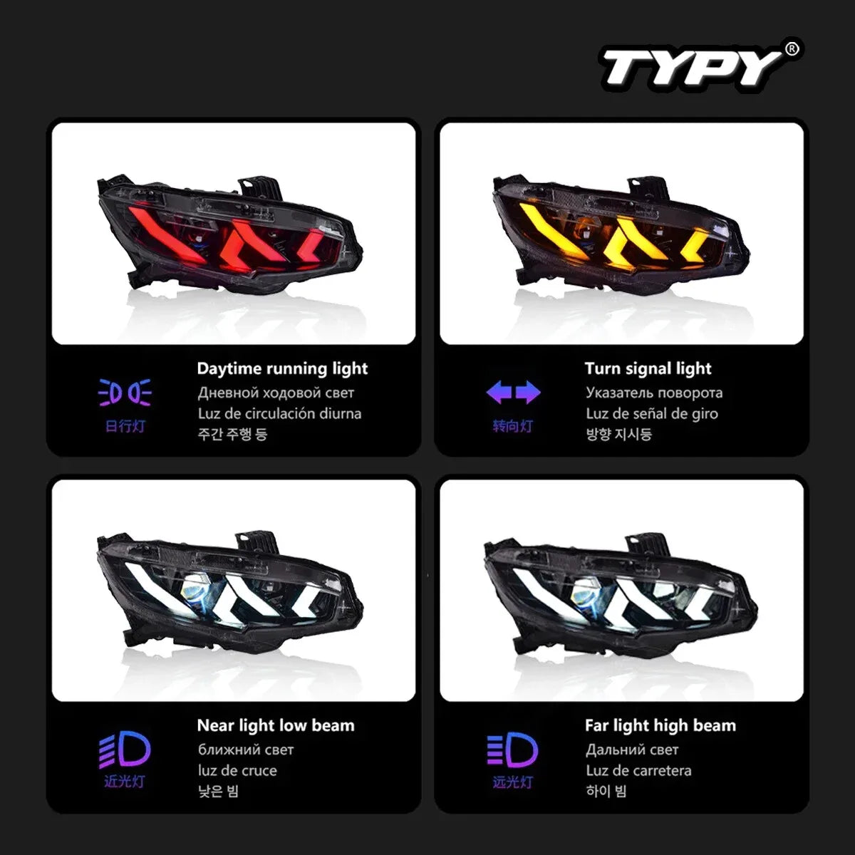 Honda Civic 10th Gen 2016-2021 RGB Full LED Headlight TYPY