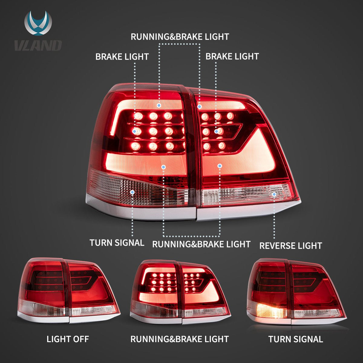 Toyota Land Cruiser J200 2008-2021 LED Tail Light Red Smoked VLAND